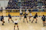 The rules of volleyball are 6 players per team, 3 in the front row and 3 in the backrow. A rally begins with a referee whistle blow and 3 contacts per side. 