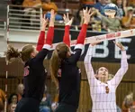 A double block is one of the basic volleyball terms for blocking that describes when 2 players jump to cover cross court or the line to stop an attack hit. 