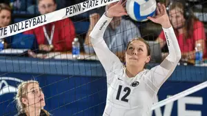 Mark Selders photo of Penn state Michael Hancock set while Iowa blocker watches