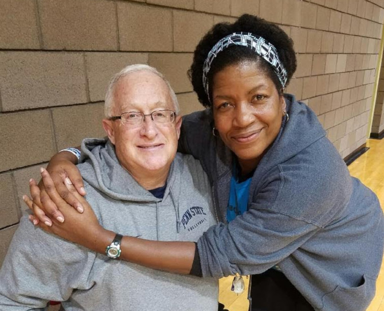 Coach April with mentor and friend 7-time NCAA champion Penn State Coach Russ Rose visiting one of our Volleycats Elite volleyball practices at Stupak to watch Kami Miner who Penn State was recruiting. Kami is currently the starting Stanford setter who was just named the 2022 Pac 12 Setter of the year.