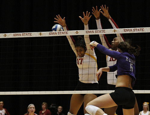 The volleyball block is the first line of defense for the serving team where the front row blockers attempt to stop any attack hits by the hitters on the opposing team. (Matt Van Winkle)