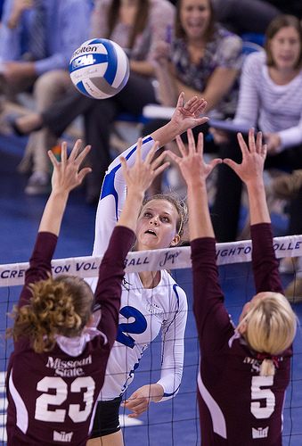 How to spike a volleyball: A Missouri State double block. (Blue and White Review)