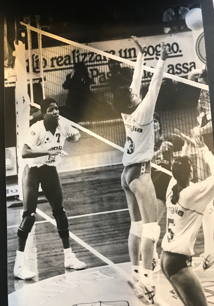 Professional volleyball players April Chapple (that's me #7! ) playing with Olympic silver medalist middle blocker Paula Weishoff blocking in the championships of the Serie A-1 division against perennial favorites Teodora Ravenna.