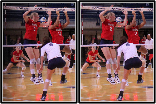 Block Volleyball Terms: A hole in the block can be created between the hands of two volleyball players that are going up to cover an area on the net....and don't. (Michael E. Johnston)