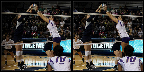 East Carolina vs. Rice In A Blocking Volleyball Joust At The Net. A joust occurs when two players contact the ball over the net at the same time. (Michael E. Johnston)