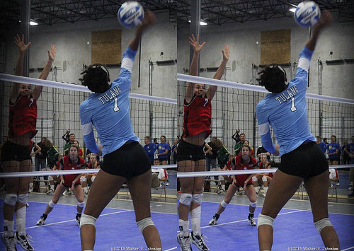 Out of System Volleyball Drills Hitters Learn To Hit Imperfect Sets: Tulane outside hitter attacking against one block.