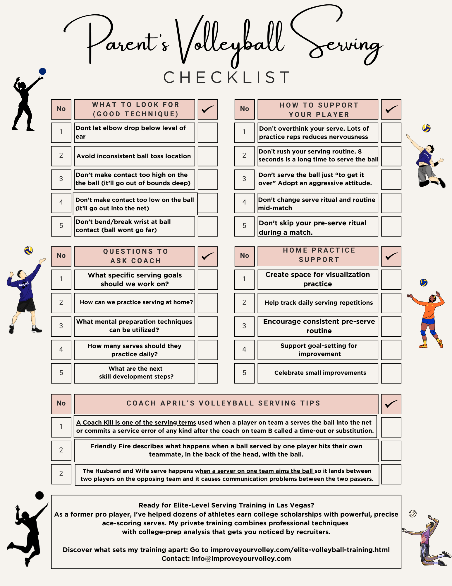 Parents Volleyball Serving Checklist is in the Complete Serving Mastery System:

You'll get:
1. The Foundation Volleyball checklist set
-Overhand Serve Fundamentals 
-Consistent Toss Mastery
-Serving Mistakes
2. The Development Volleyball checklist set
-Pre-Serving Ritual 
-Target Zones
3. The Advanced Volleyball checklist set
-Tactical Serving
-Ace Scoring
-Jump Float
-Strategic Intelligence