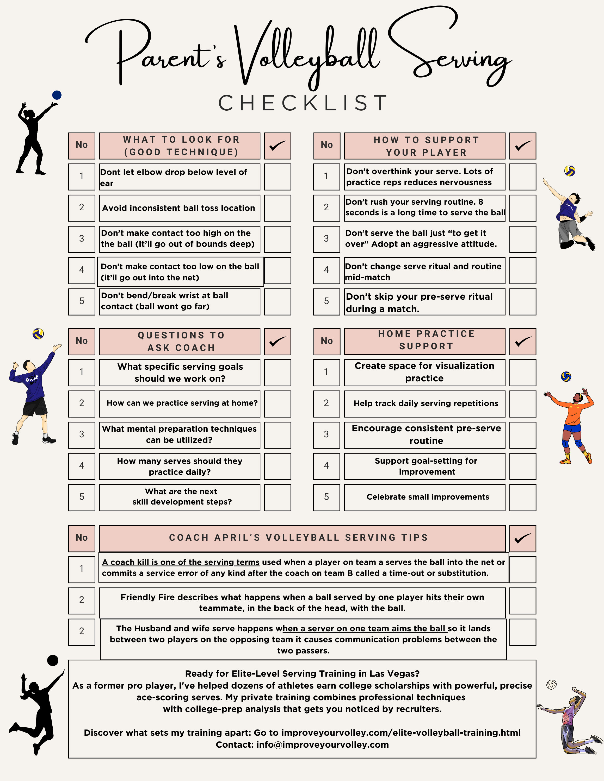 Parents Volleyball Serving Checklist pdf

✓Learn exactly what to look for in your player's serving form so you can provide meaningful feedback.

✓Confidence Building Strategies
Discover how to provide encouragement that actually improves performance and mental toughness.

✓Smart Coach Questions
Know exactly what to ask coaches to show you're engaged and help your player develop properly.

✓Home Practice Ideas
Simple, effective drills that don't require a gym or expensive equipment.

✓Volleyball Terminology
Understand the language coaches use so you can better support your player's development.

✓Mental Game Support
Help your player develop the psychological aspects of serving that many coaches don't have time to address.