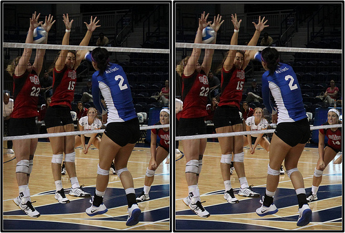 Volleyball blocking strategies: Arkansas State Blocker Closes Down The Line Against Air Force Attacker (Photo by Michael E. Johnston)