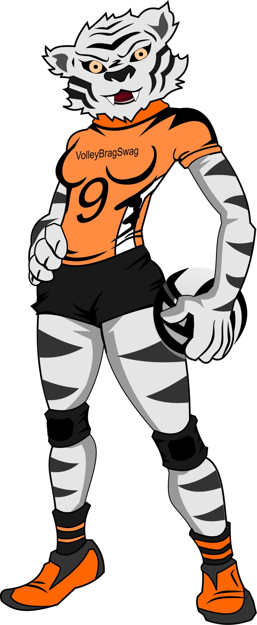 Say "Hi" to Miss Tattoo the Tiger wearing the #9 jersey below.  Miss Tattoo is the starting defensive and serving specialist for the All Beast VolleyBragSwag All Star team.