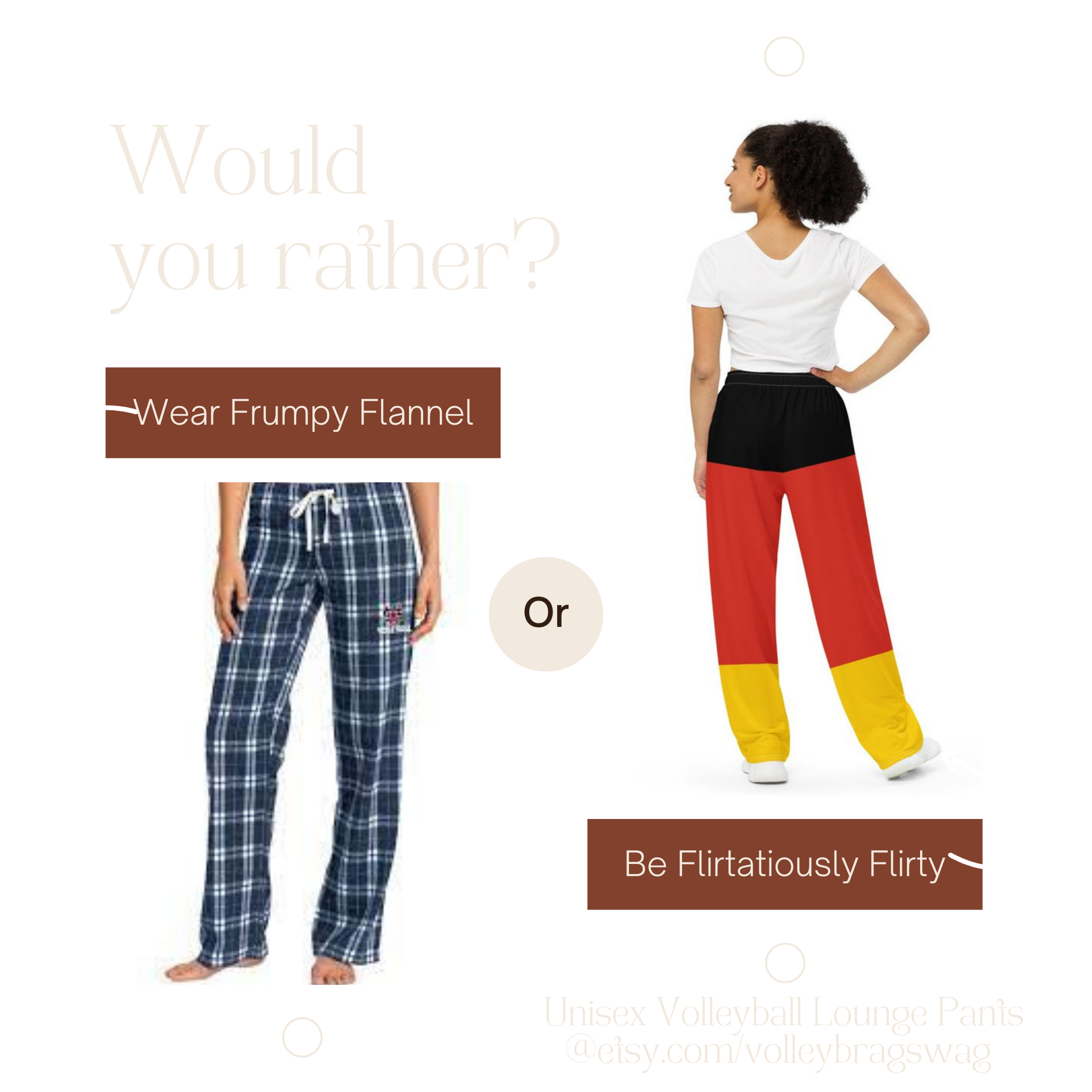 Good Bye To Flannel Volleyball Pants Hello To New Volleyball PJ Pants: These German flag inspired flirtatiously flirty red, black and yellow wide leg athletic pants are available now on Etsy.