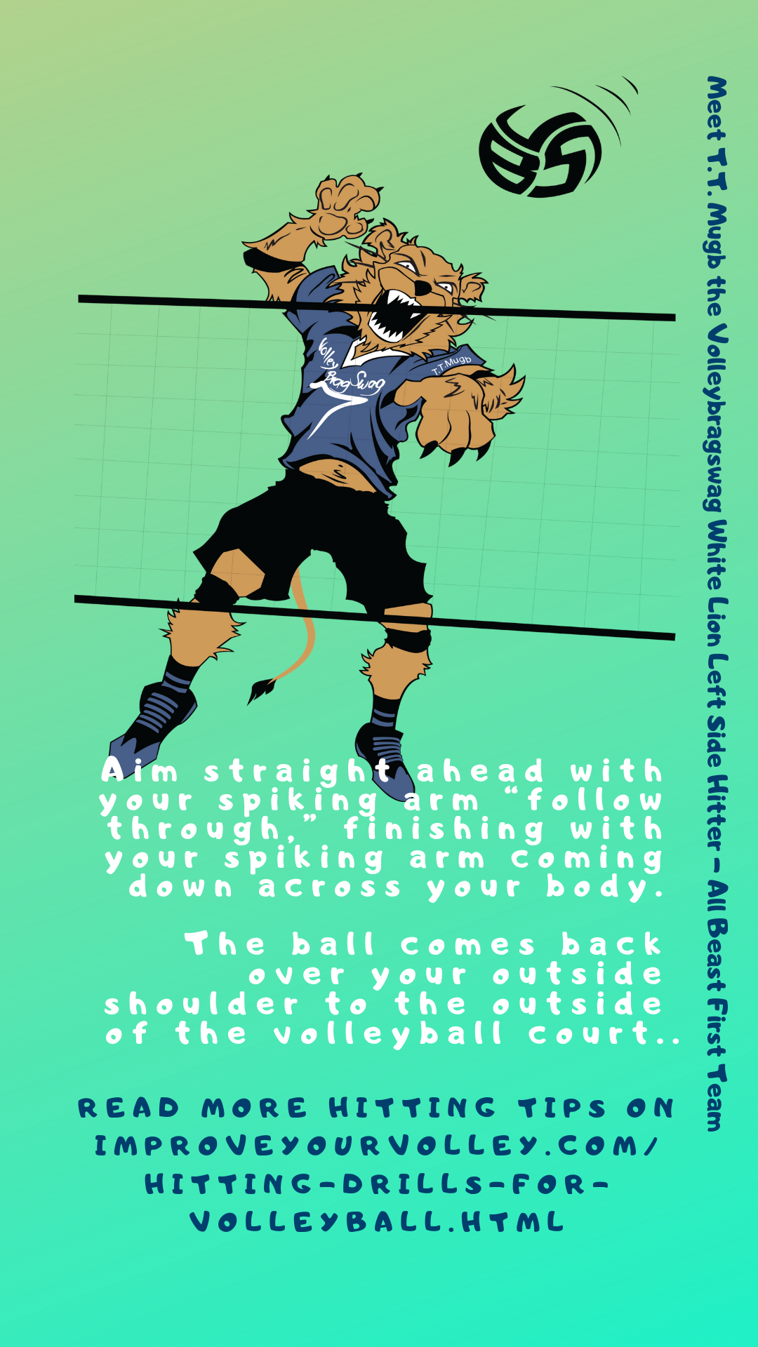 Volleyball Spike Tips: Aim straight ahead with your spiking arm “follow through” finishing with your spiking arm coming down across your body.