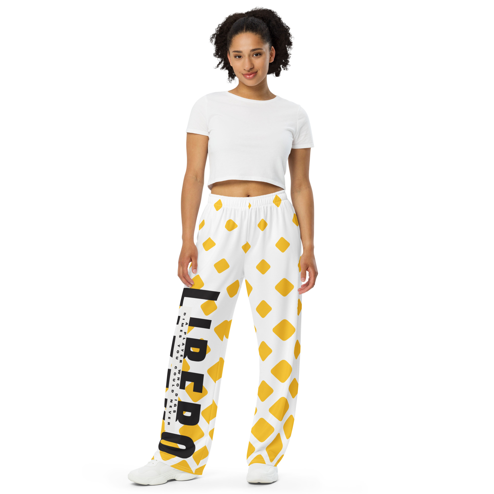 Hi my name is Coach April and I create inspiring volleyball designs on cute motivational volleyball clothes that empower volleyball players like these yellow pajama pj pants that hype up liberos.