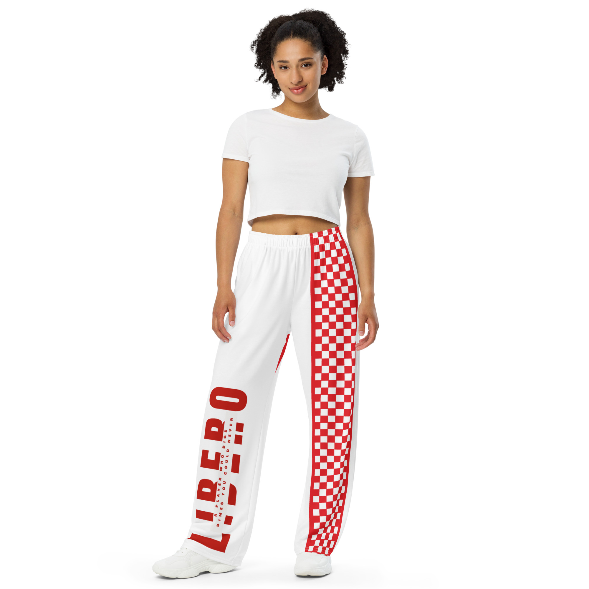 Shop my line of red and white checkered stripe LIBERO Volleyball Wide Leg Pajama Pants with deep pockets and drawstring by Volleybragswag on ETSY.