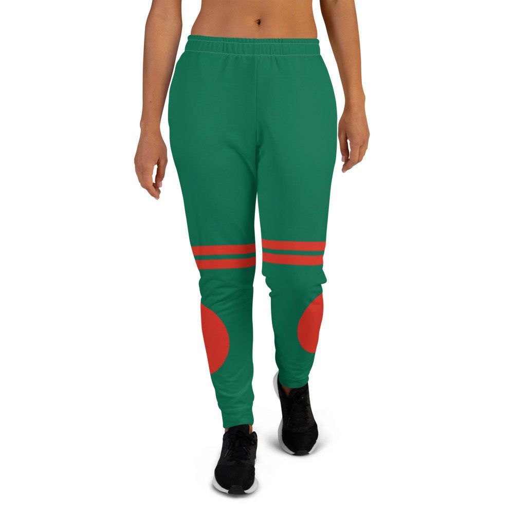 The Best Jogger Pants For Travel Are Colorful Womens Sweatpants with Pockets with designs inspired by the Tokyo Olympics World flags..(Banglaesh flag inspired joggers)