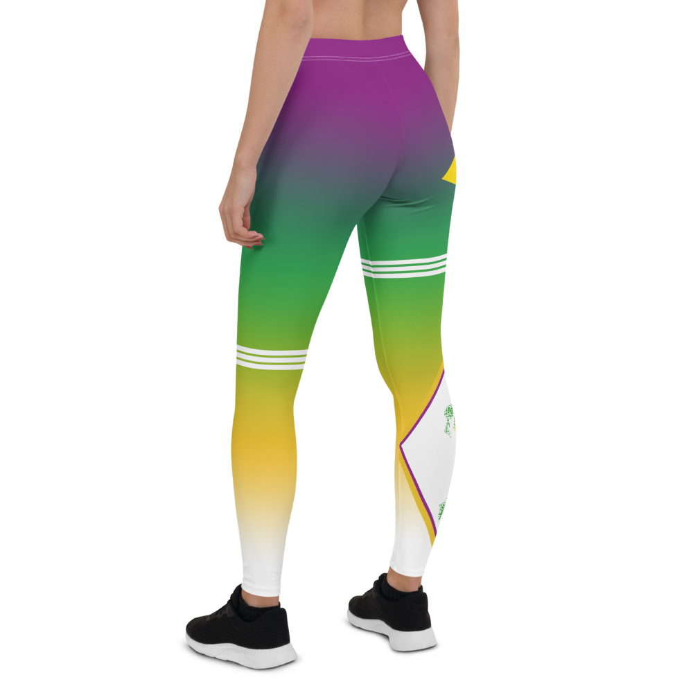 Brazil leggings purple green yellow white gradient triple stripe on one thigh and on the other knee.