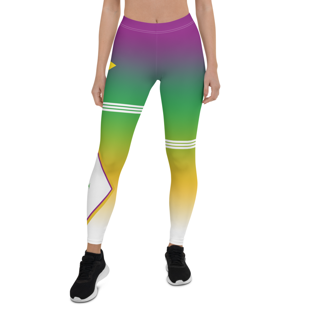 Brazil leggings purple green yellow white gradient triple stripe on one thigh and on the other knee.