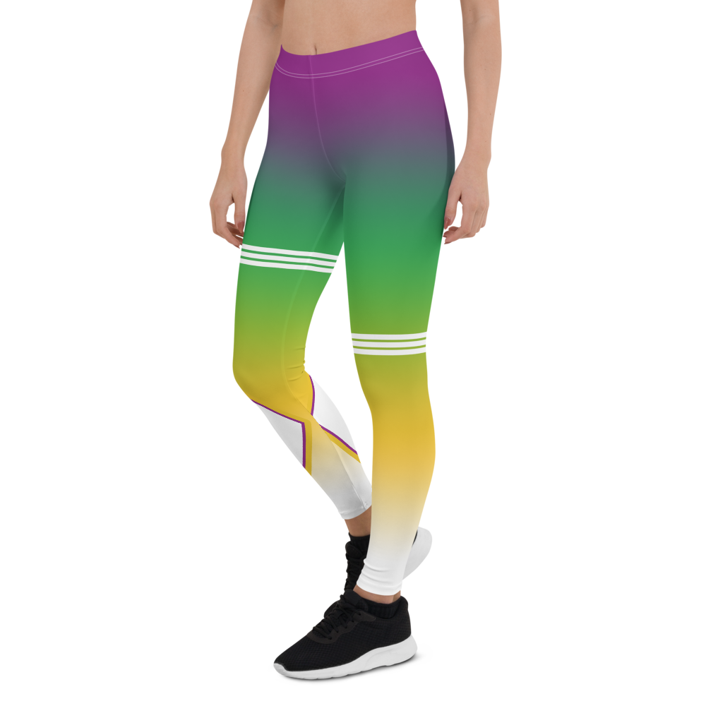 Brazil leggings purple green yellow white gradient triple stripe on one thigh and on the other knee.