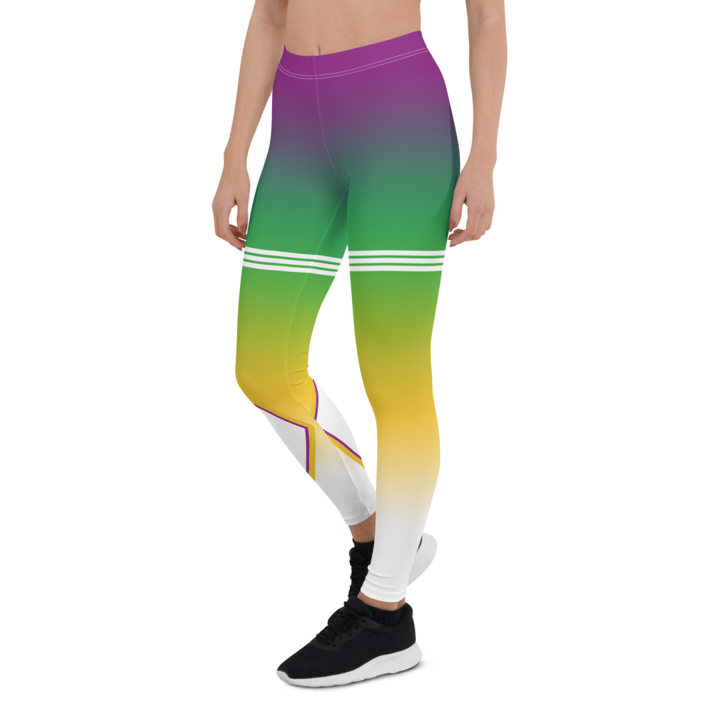 Volleyball tights and leggings inspired by 
Brazilian volleyball with purple green yellow white gradient background pattern with2 triple stripes on both thighs designed by Volleybragswag.