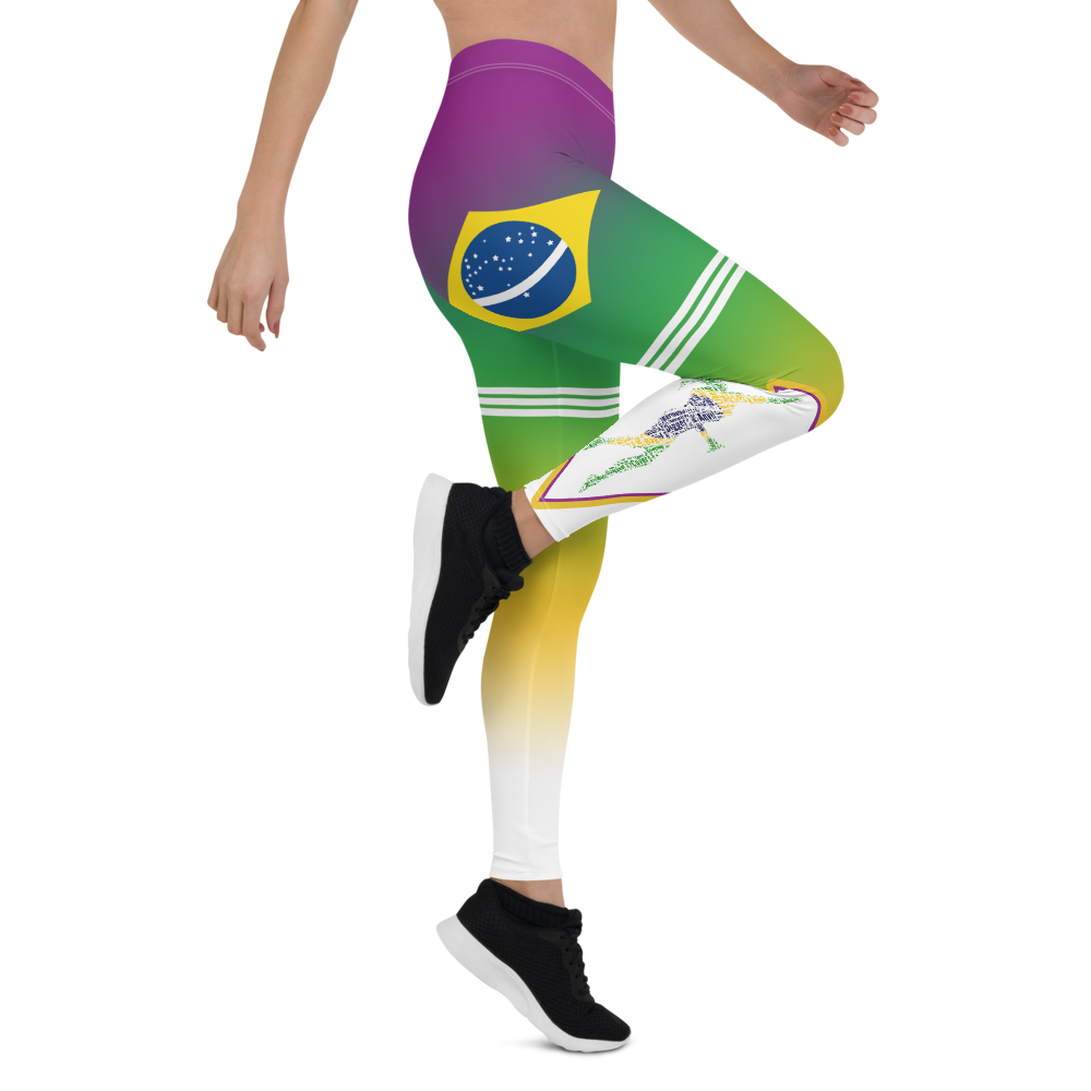 Volleyball tights and leggings inspired by 
Brazilian volleyball with purple green yellow white gradient background pattern with2 triple stripes on both thighs designed by Volleybragswag.