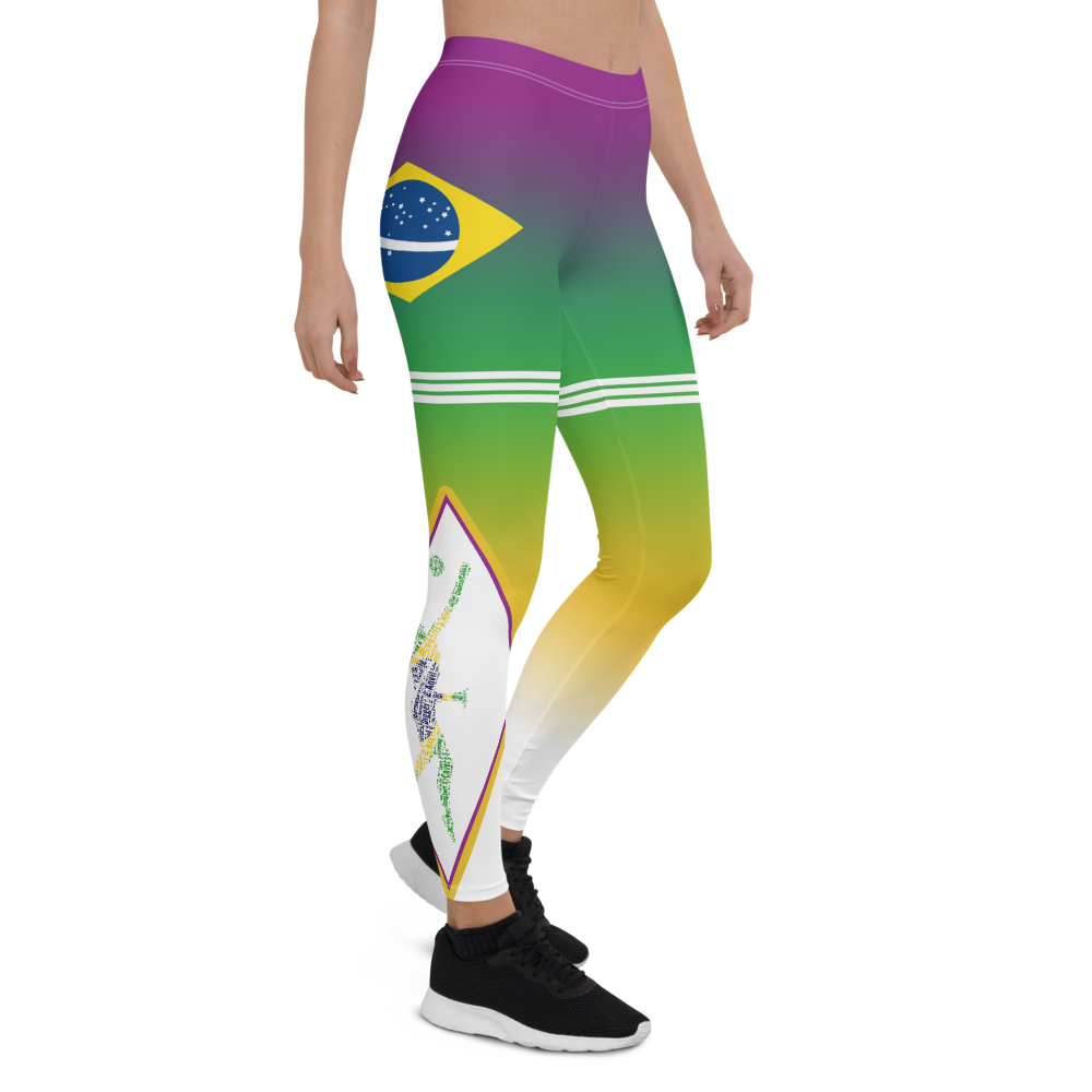 Volleyball tights and leggings inspired by 
Brazilian volleyball with purple green yellow white gradient background pattern with2 triple stripes on both thighs designed by Volleybragswag.