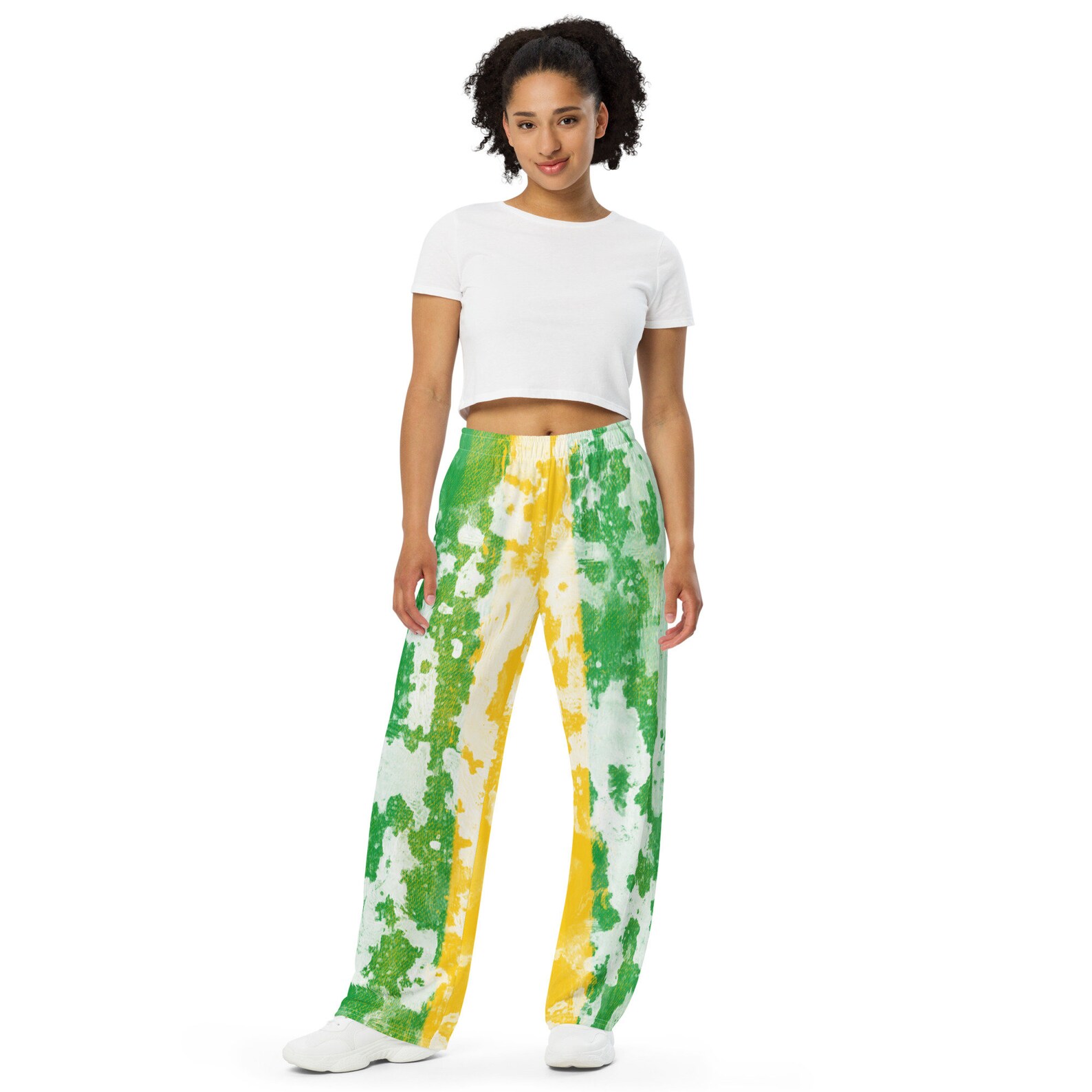 Now you know you want you some of these! Shop Brazilian flag inspired paint splatter and tie dye wide leg pants! This you?
