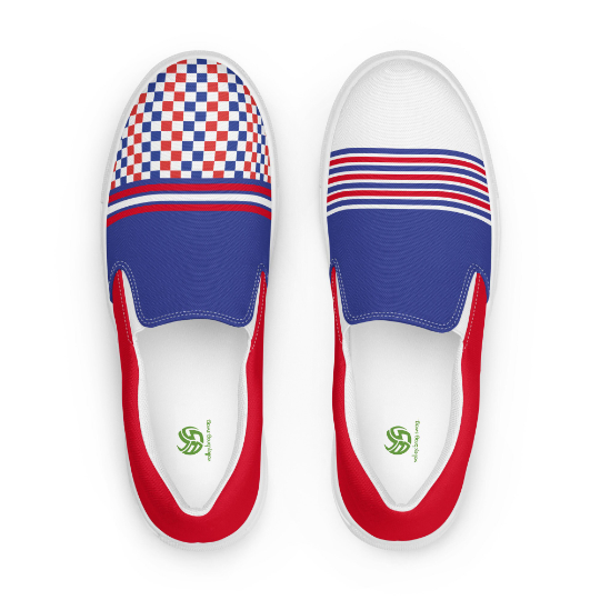 Giving a funky twist to your everyday footwear, my blue, red and white canvas slip on shoe is a perfect combination of style and comfort. Pair with a rashguard, a hoodie, jogbra or pajama pants to create fun new stylish volleyball outfits.