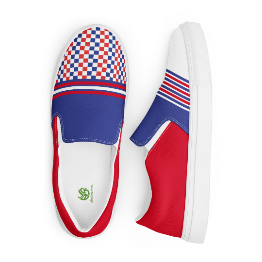 Giving a funky twist to your everyday footwear, my blue, red and white canvas slip on shoe is a perfect combination of style and comfort. Pair with a rashguard, a hoodie, jogbra or pajama pants to create fun new stylish volleyball outfits.