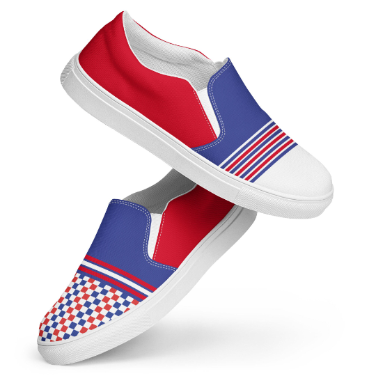 Giving a funky twist to your everyday footwear, my blue, red and white canvas slip on shoe is a perfect combination of style and comfort. Pair with a rashguard, a hoodie, jogbra or pajama pants to create fun new stylish volleyball outfits.