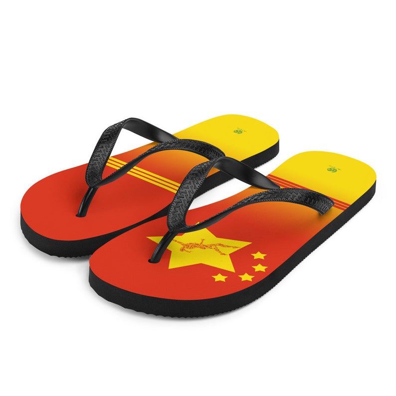 These Volleybragswag red and yellow flip flops make great gift ideas for players inspired by the Peoples Republic of China Flag