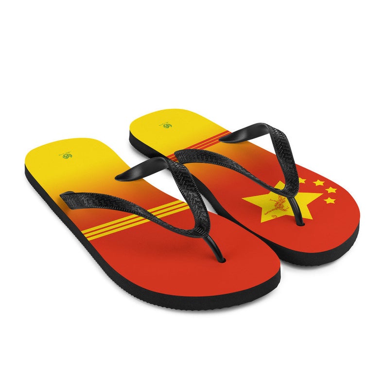 These Volleybragswag red and yellow flip flops make great gift ideas for players inspired by the Peoples Republic of China Flag