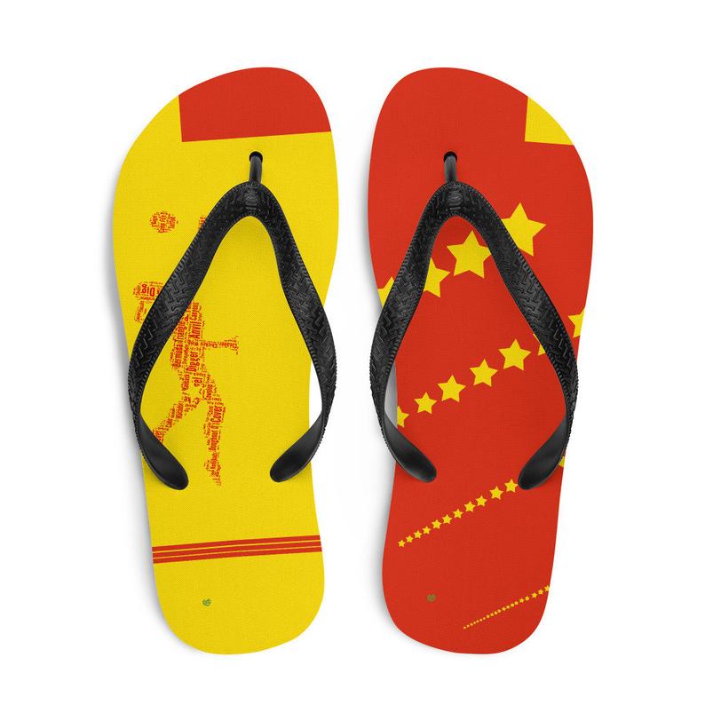 These Volleybragswag red and yellow flip flops make great gift ideas for players inspired by the Peoples Republic of China Flag