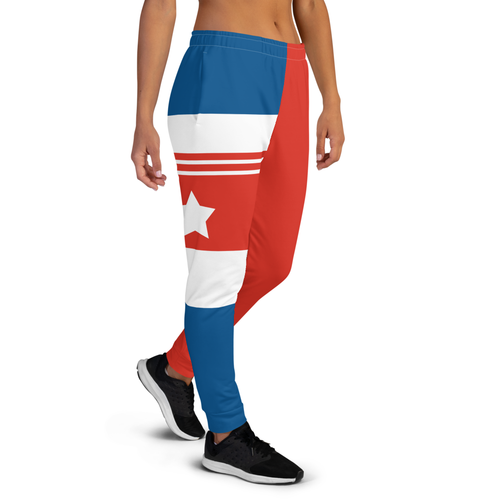 The Best Jogger Pants For Travel Are The Most Comfortable Sweatpants with Pockets with designs inspired by the Tokyo Olympics World flags..(Cuba flag inspired joggers)