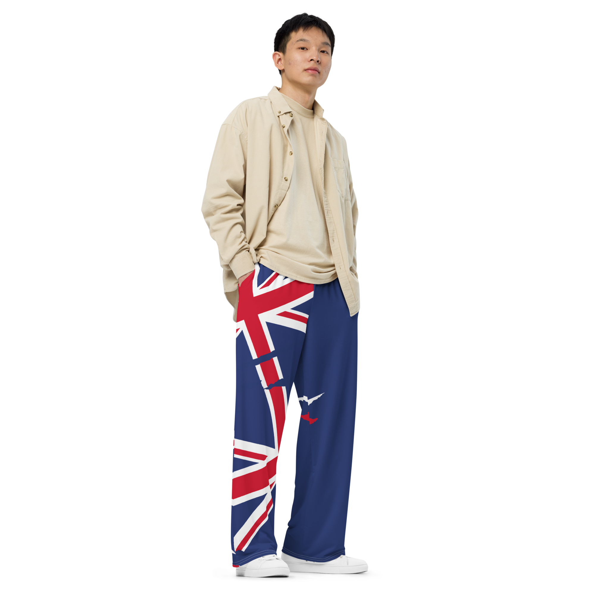 Good Bye To Flannel Volleyball Pants Hello To New Volleyball PJ Pants: These England flag inspired blue and white wide leg athletic pants are available now on Etsy.
