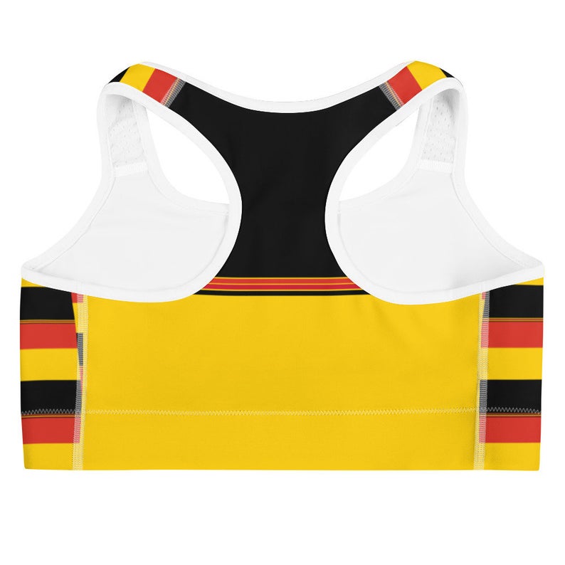 This gorgeous sports bra with colors inspired by the national flag of Germany is made from moisture-wicking material that stays dry during low and medium intensity workouts.