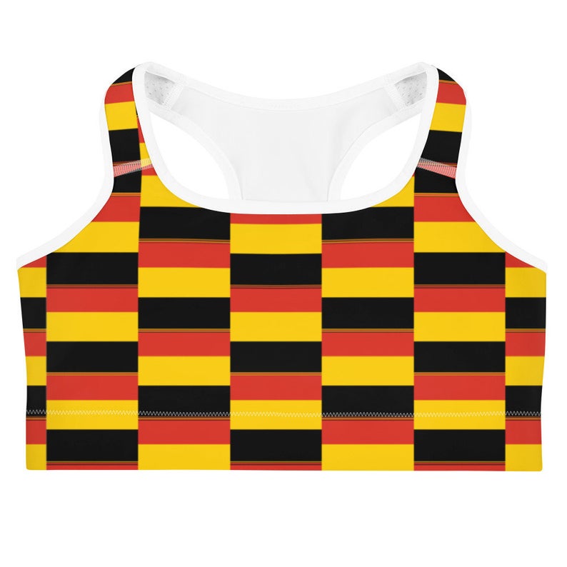 This gorgeous sports bra with colors inspired by the national flag of Germany is made from moisture-wicking material that stays dry during low and medium intensity workouts.