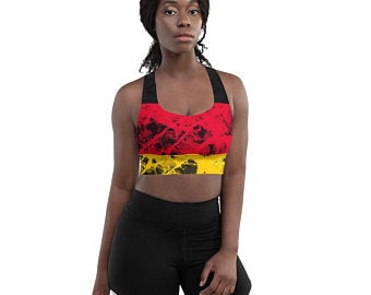 Shop The German flag inspired flirtatiously flirty red, black and yellow sport bra collection available now on Etsy.
