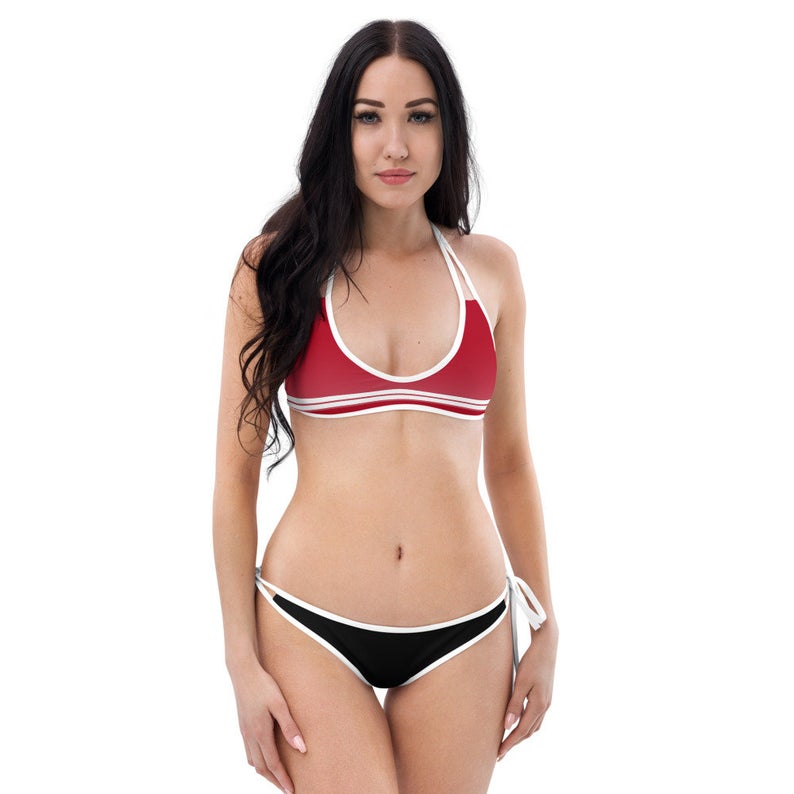 Feel the heat with this bright and comfortable bikini inspired by the national flag of Japan. The top is similar in style to a sports bra for extra support and a great look.