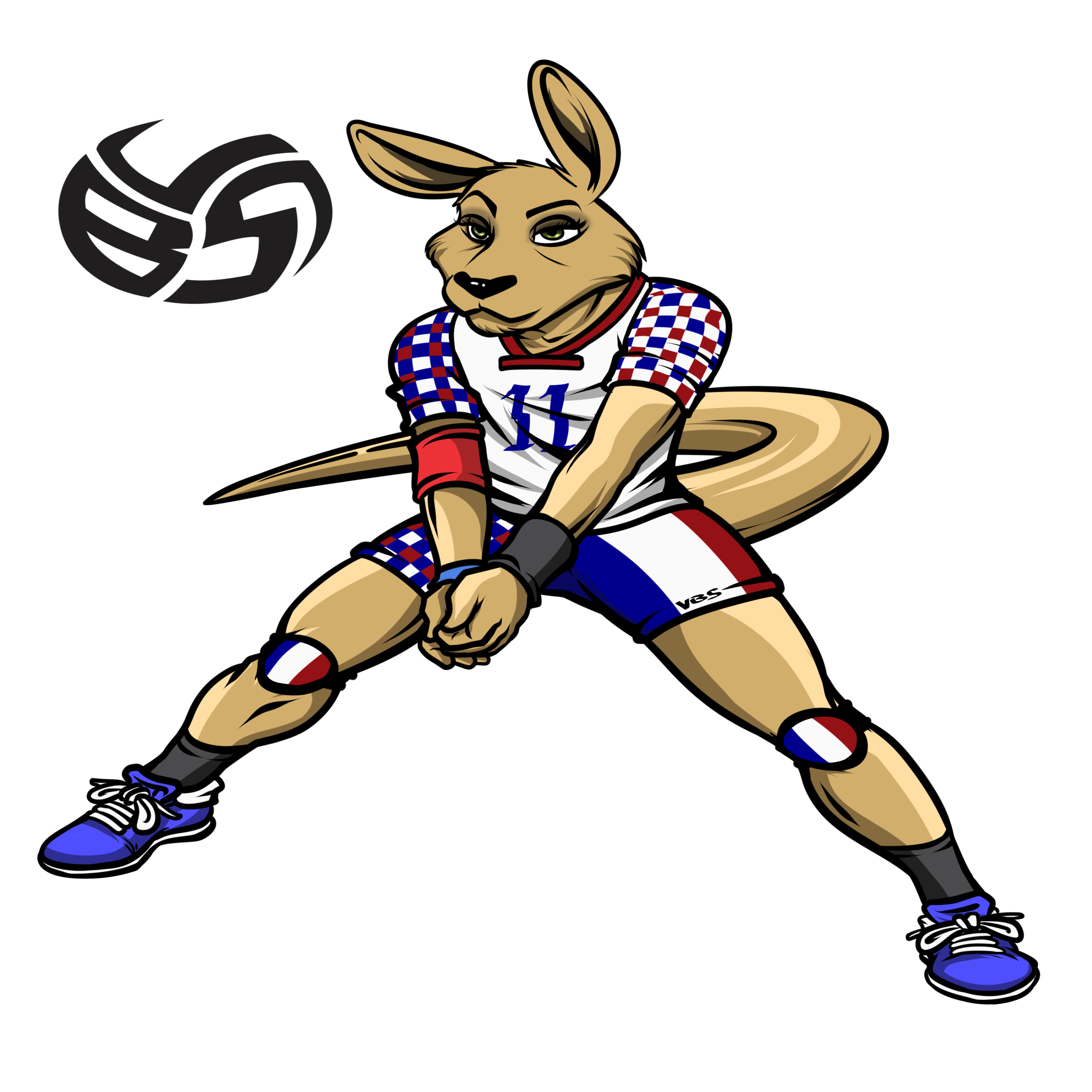 Meet Roo the Volleybragswag Kangaroo in France flag inspired uniform. Find fun animal lover t shirt ideas that're uniquely designed gifts celebrating volleyball athletes with goals.
