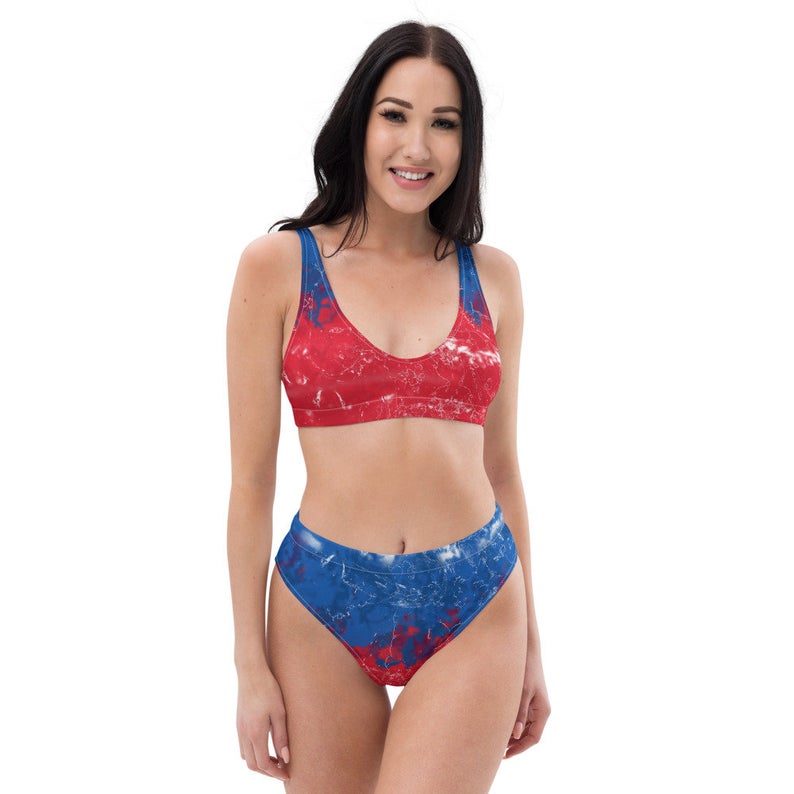 Some of the Volleybragswag blue tie dye bikini designs feature the principal colors of a country's flag uniquely manipulated into a tie dye design. Click to Shop on Etsy