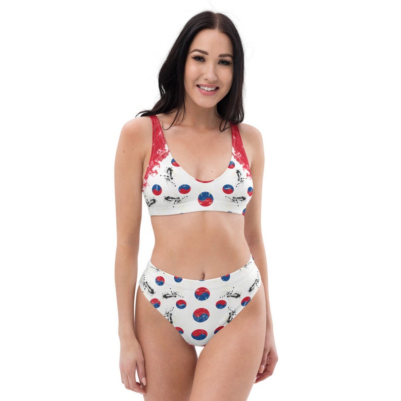 Some of the Volleybragswag tie dye high waisted bikini designs feature the principal colors of a country's flag uniquely manipulated into a tie dye design to celebrate the Tokyo 2020 Olympics.