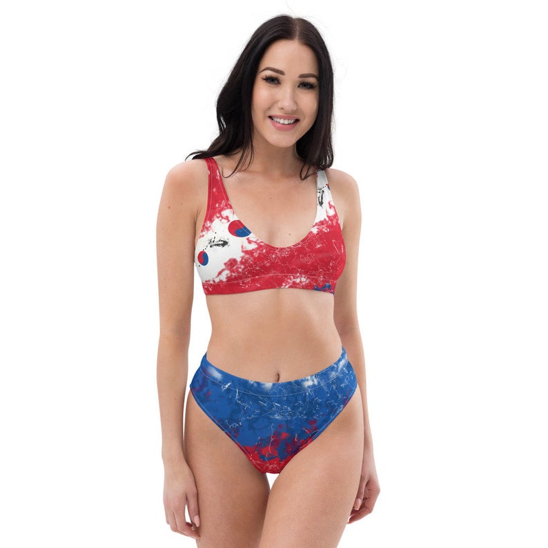 Red tie dye high waist bikini swimsuit inspired by the Korean flag.