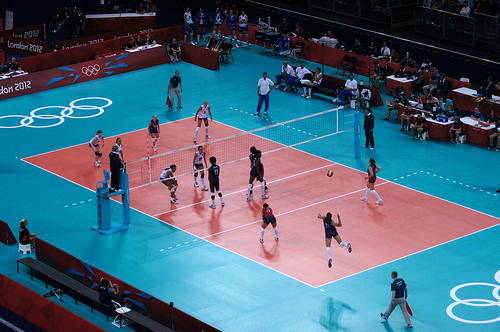 One of America's most famous volleyball players volleyball Olympian Logan Tom jump serves at the 2012 London Olympic Games. (Daniel J Coomber)