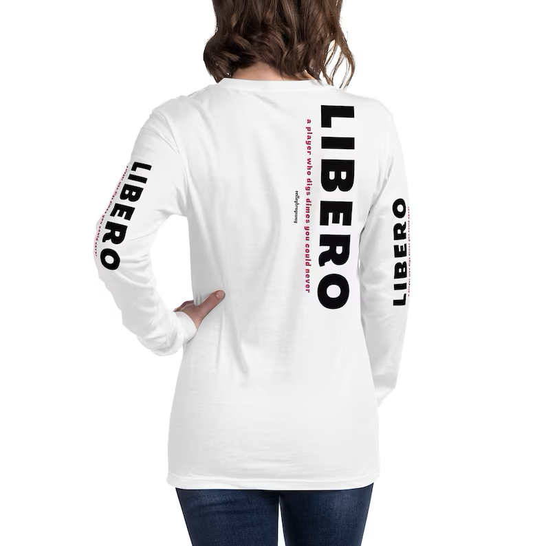 Long sleeve white shirts for volleyball with cute libero volleyball quotes like...Libero A Player Who Digs Dimes You Could Never Life available on Etsy at the Volleybragswag shop.