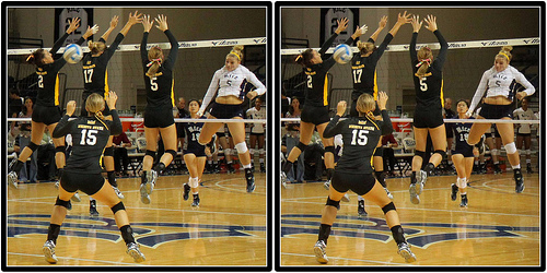 Rice Hitter Blasts Through A Triple Block Photo by Mike E. Johnston