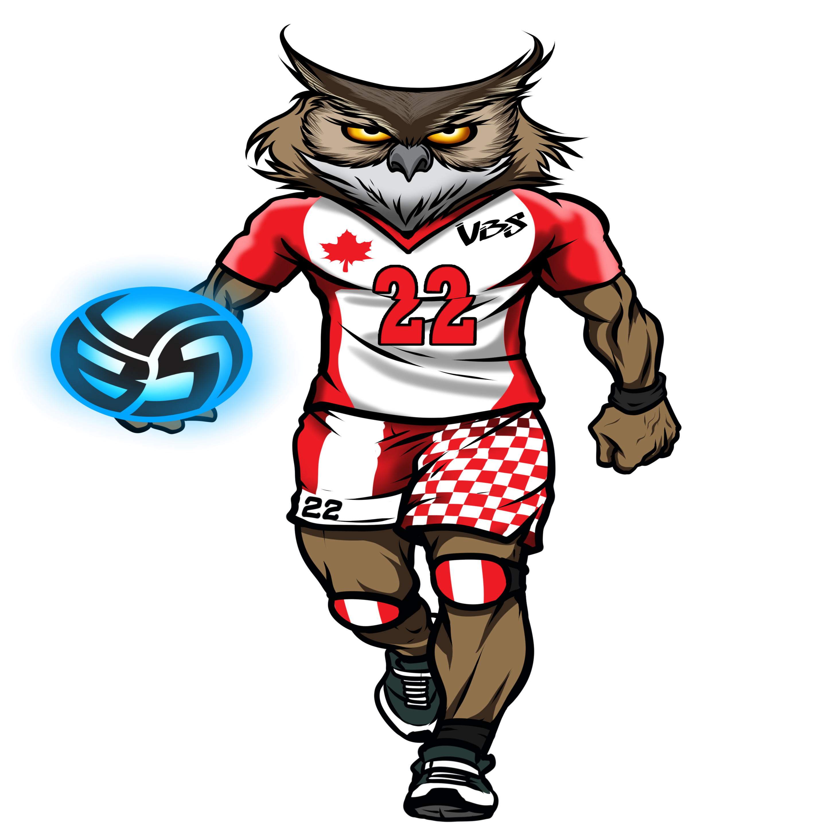 Animal T Shirt Ideas: Meet Ollie the Volleybragswag Owl, opposite hitter in his Canada flag inspired volleyball uniform. Volleyball Shirts available on Etsy!