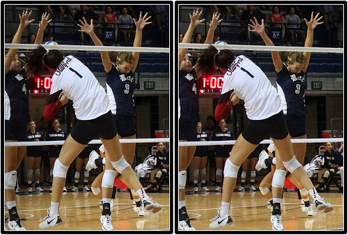 Block Volleyball Terms: Stanford Player Hitting Through The Hole In The Block Photo by Michael E. Johnston