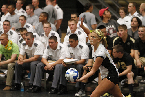 In college and high school indoor volleyball rules a libero can serve when they come in the game. (US West Point Academy)
