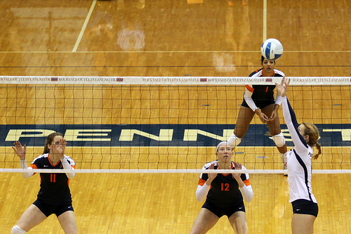 Ready position In Volleyball Blocking: Illini blockers watching the opposing setter in a loaded Blocking Ready Position in Volleyball (Photo Richard Yuan) (Richard Yuan)