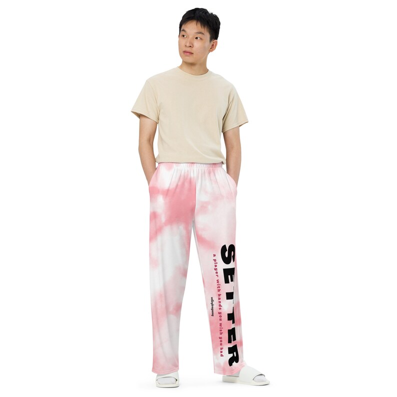 Shop my line of pink and white tie dye Setter Volleyball Wide Leg Pajama Pants with deep pockets and drawstring by Volleybragswag on ETSY.